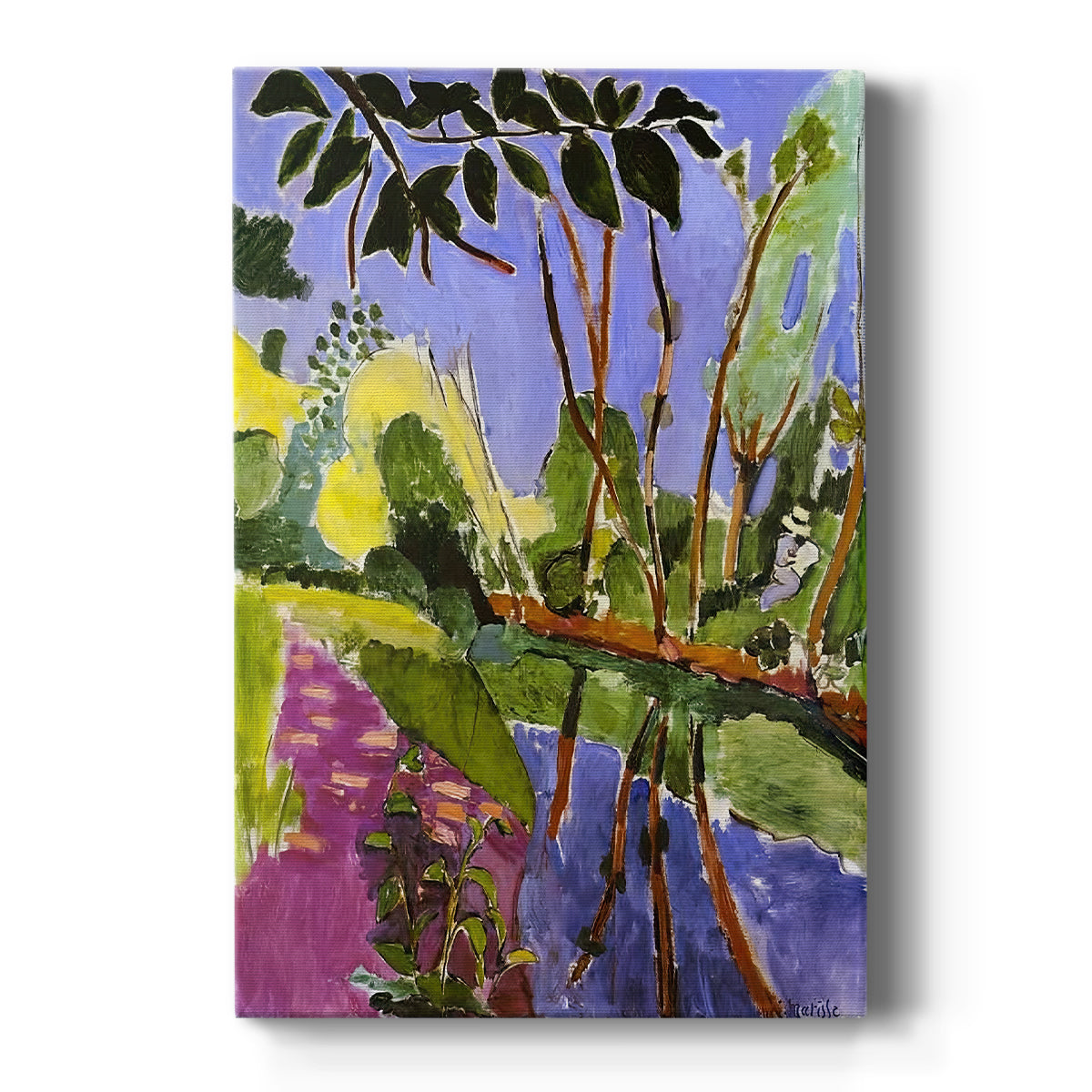 Canvas art print featuring a fauvist landscape of a riverbank with trees and bold natural colors on a clean white background.