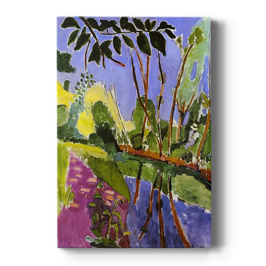 Canvas art print featuring a fauvist landscape of a riverbank with trees and bold natural colors on a clean white background.