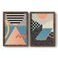 Set of two walnut barnwood framed canvas prints featuring two retro graphic abstracts featuring bold geometric Memphis-style patterns.