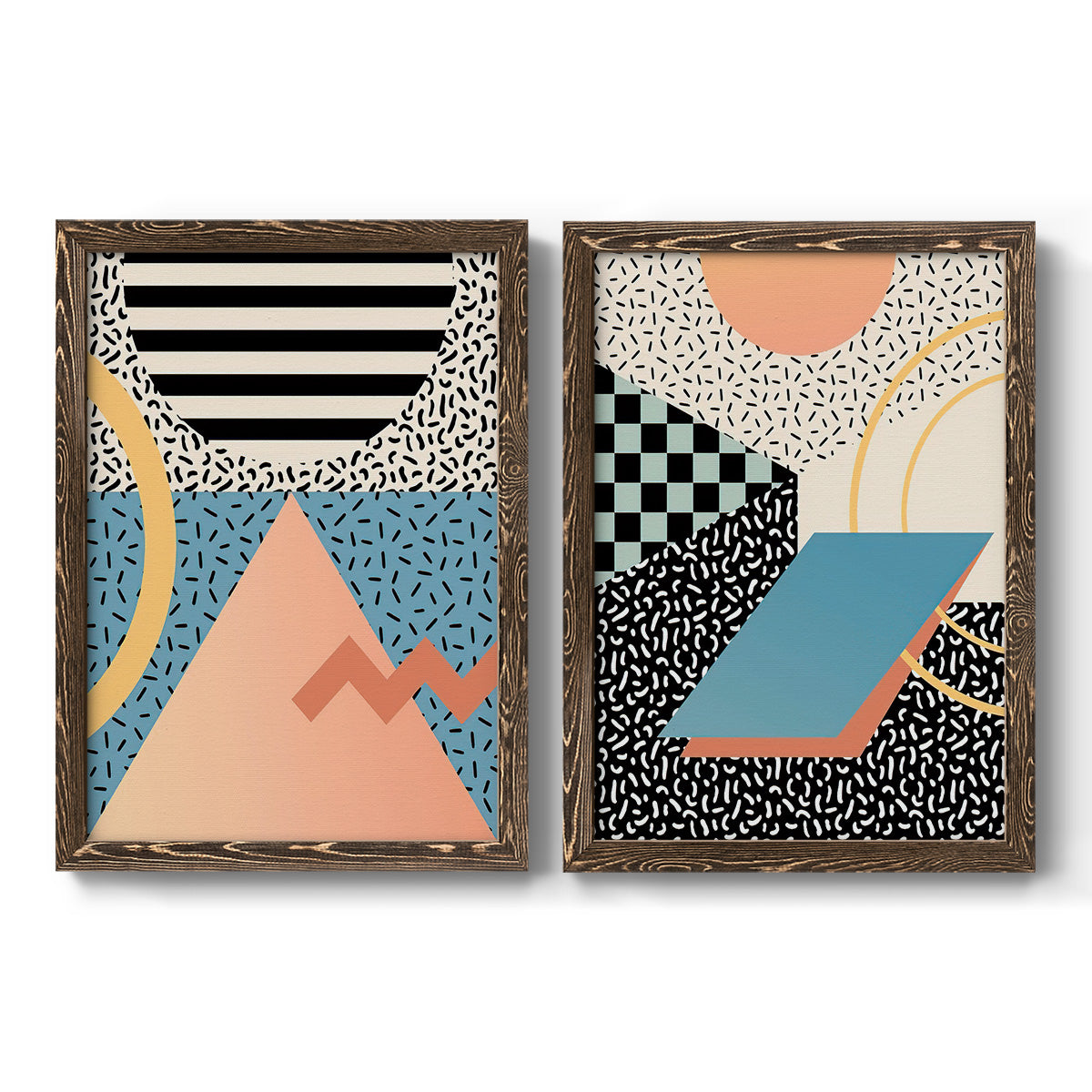 Set of two walnut barnwood framed canvas prints featuring two retro graphic abstracts featuring bold geometric Memphis-style patterns.