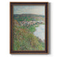 Impressionist landscape view of Vétheuil by Claude Monet printed on canvas in an ornate bronzed mahogany wood frame with a vertical orientation.