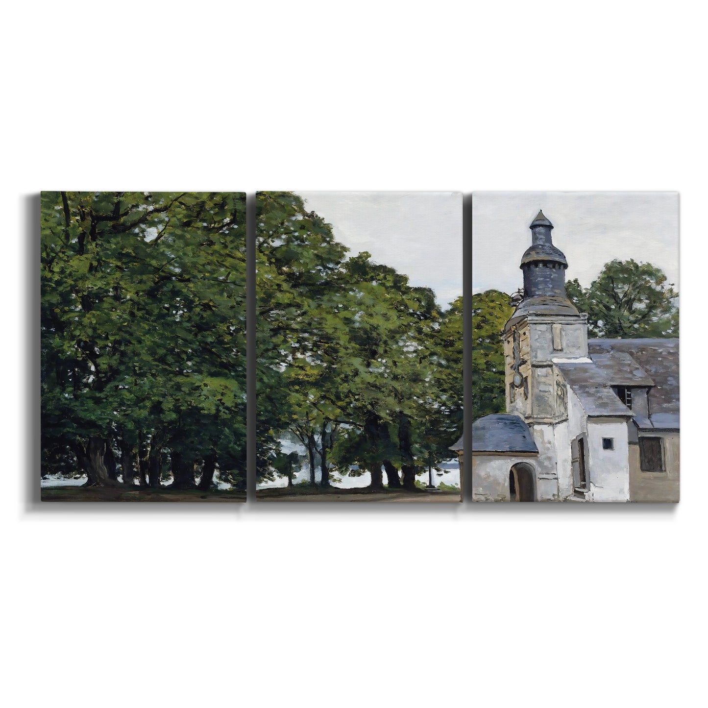 Three-panel canvas wall art featuring chapel building in rural setting on white background.