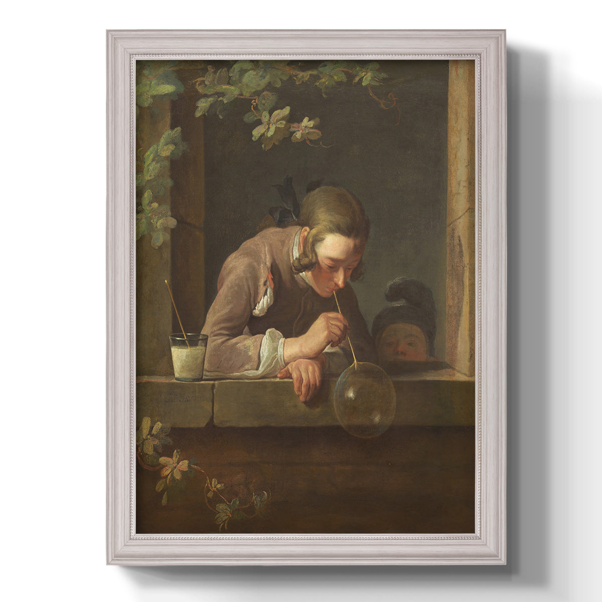 Classical genre painting of a child blowing soap bubbles by Jean-Siméon Chardin printed on canvas in an ornate weathered white frame with a vertical orientation.