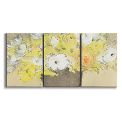 Three-panel canvas wall art featuring abstract floral table arrangement on white background.