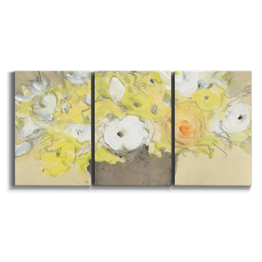Three-panel canvas wall art featuring abstract floral table arrangement on white background.