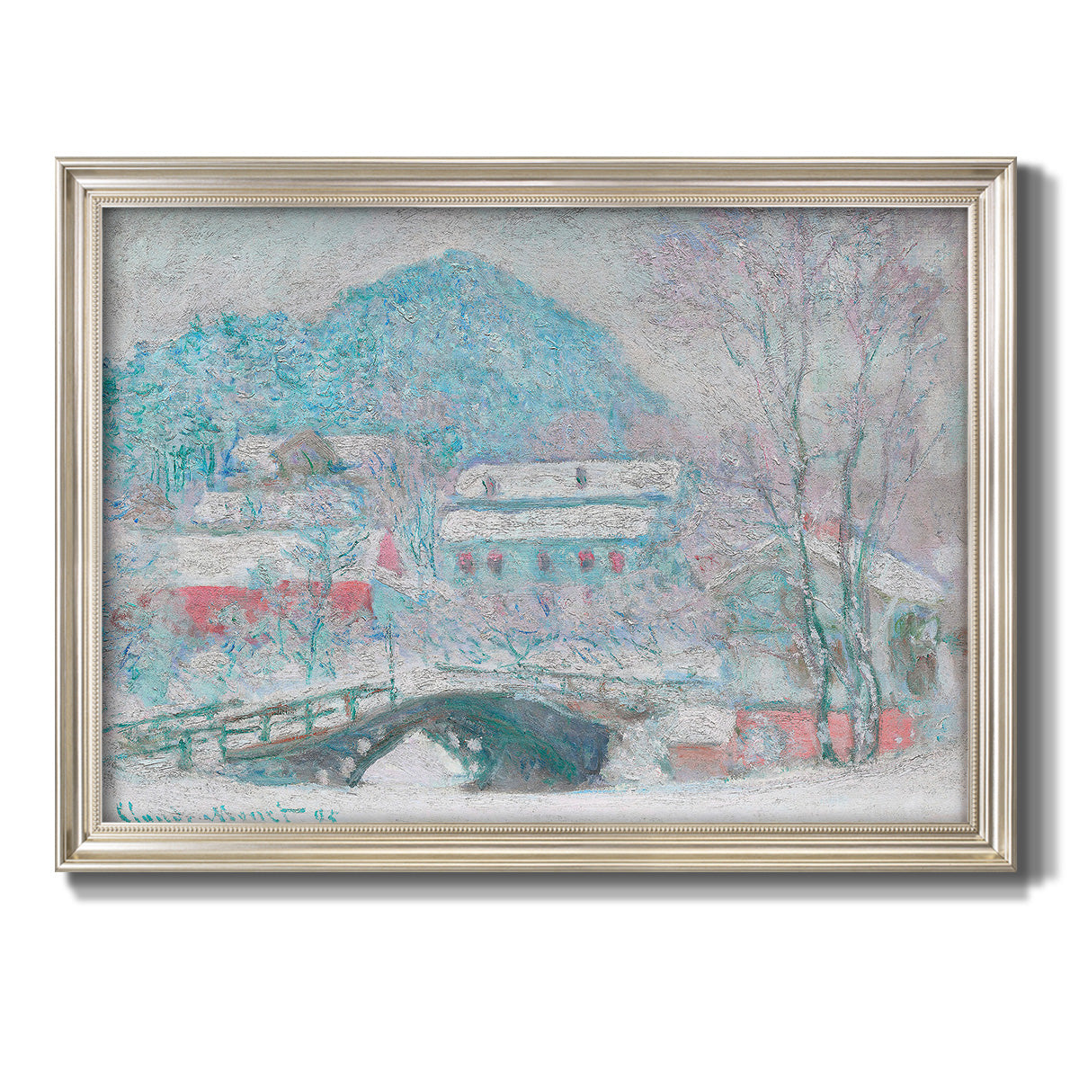 Impressionist coastal village landscape in Norway by Claude Monet printed on canvas in an ornate champagne frame.