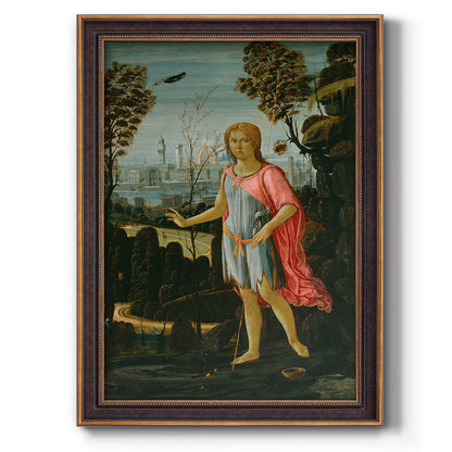 Classical religious portrait of Saint John the Baptist by Jacopo del Sellaio printed on canvas in an ornate bronzed mahogany wood frame with a vertical orientation.