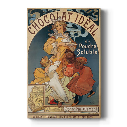 Canvas art print featuring an Art Nouveau poster of a woman with ornate details and chocolate advertisement text on a clean white background.