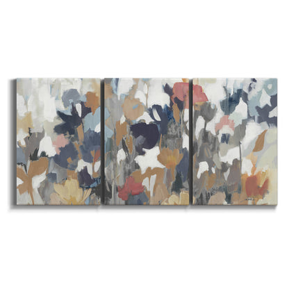Three-panel canvas wall art featuring abstract flower stand composition on white background.