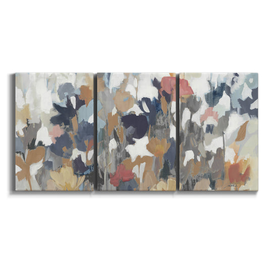 Three-panel canvas wall art featuring abstract flower stand composition on white background.