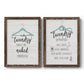Set of two walnut barnwood framed canvas prints featuring two rustic typographic wall art featuring humorous laundry-room sayings and clothing icons.