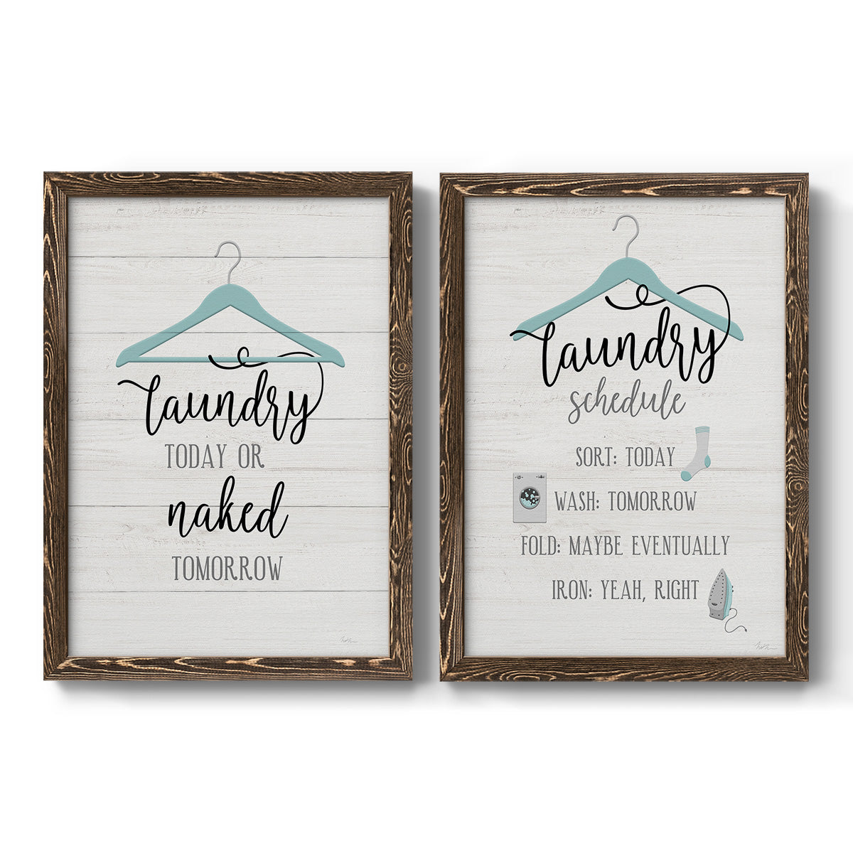 Set of two walnut barnwood framed canvas prints featuring two rustic typographic wall art featuring humorous laundry-room sayings and clothing icons.