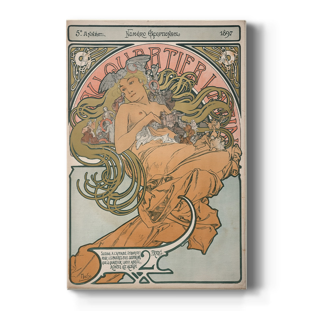Canvas art print featuring an Art Nouveau poster of a woman with ornate details and decorative typography on a clean white background.