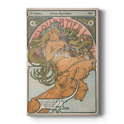 Canvas art print featuring an Art Nouveau poster of a woman with ornate details and decorative typography on a clean white background.