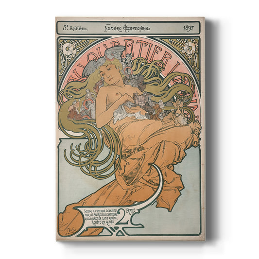Canvas art print featuring an Art Nouveau poster of a woman with ornate details and decorative typography on a clean white background.