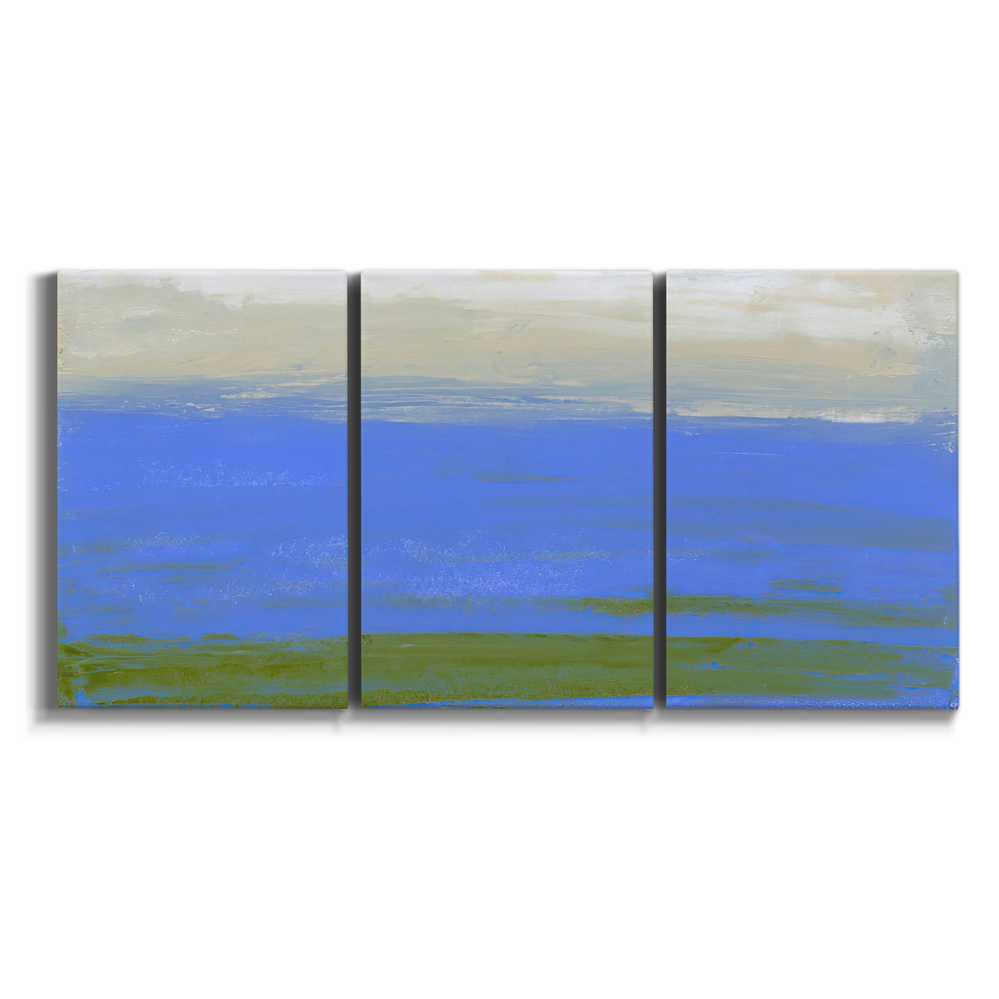 Three-panel canvas wall art featuring abstract coastal inlet landscape on white background.