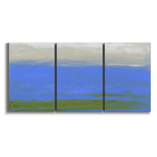 Three-panel canvas wall art featuring abstract coastal inlet landscape on white background.