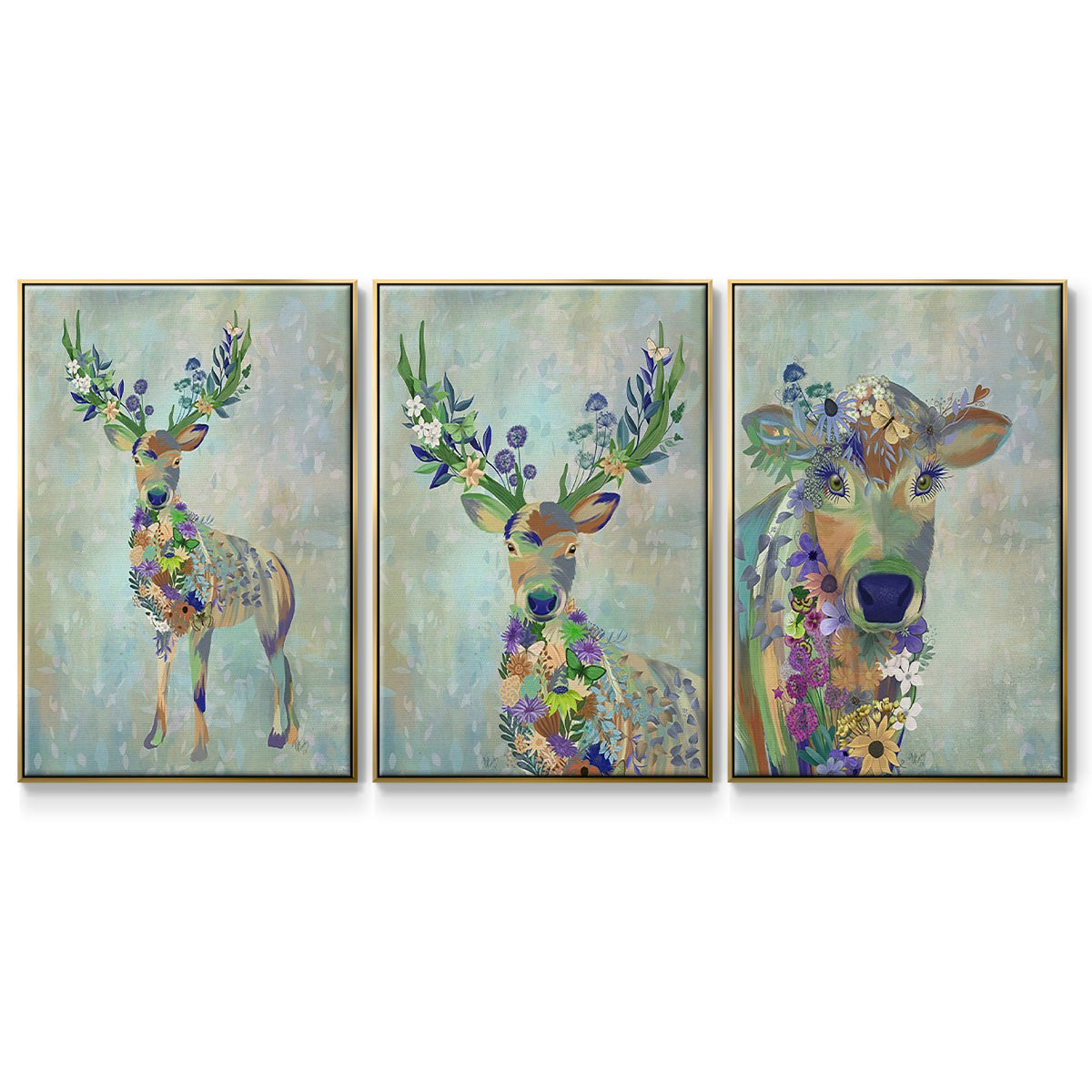 Fantastic Florals Cow - Framed Premium Gallery Wrapped Canvas L Frame 3 Piece Set - Ready to Hang