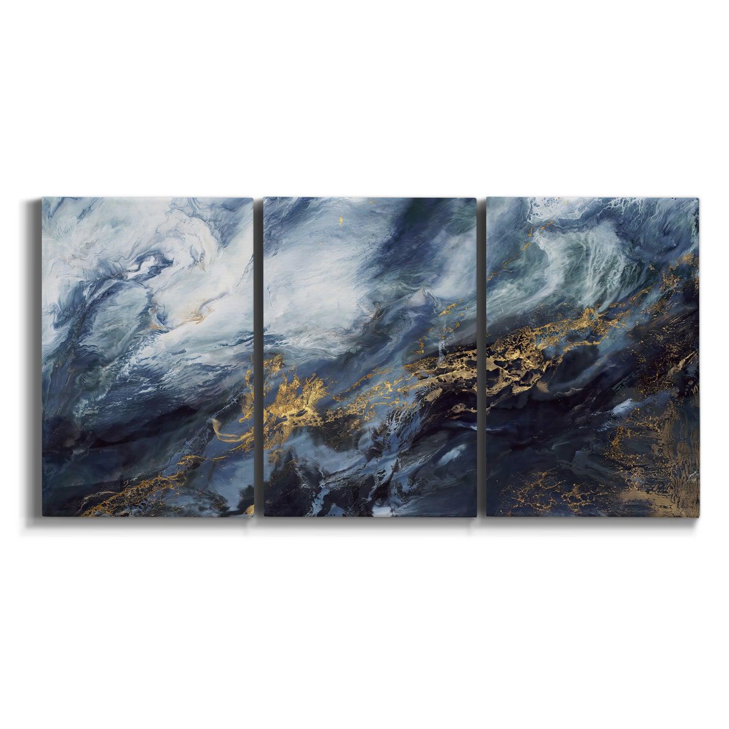 Three-panel canvas wall art featuring soft abstract landscape anticipation tones on white background.