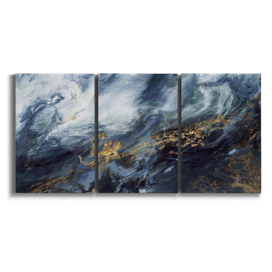 Three-panel canvas wall art featuring soft abstract landscape anticipation tones on white background.