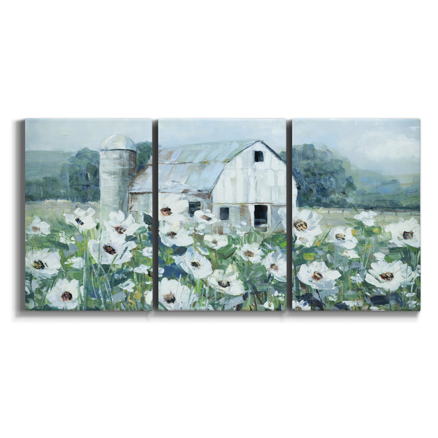 Three-panel canvas wall art featuring pastoral farmland with open fields on white background.