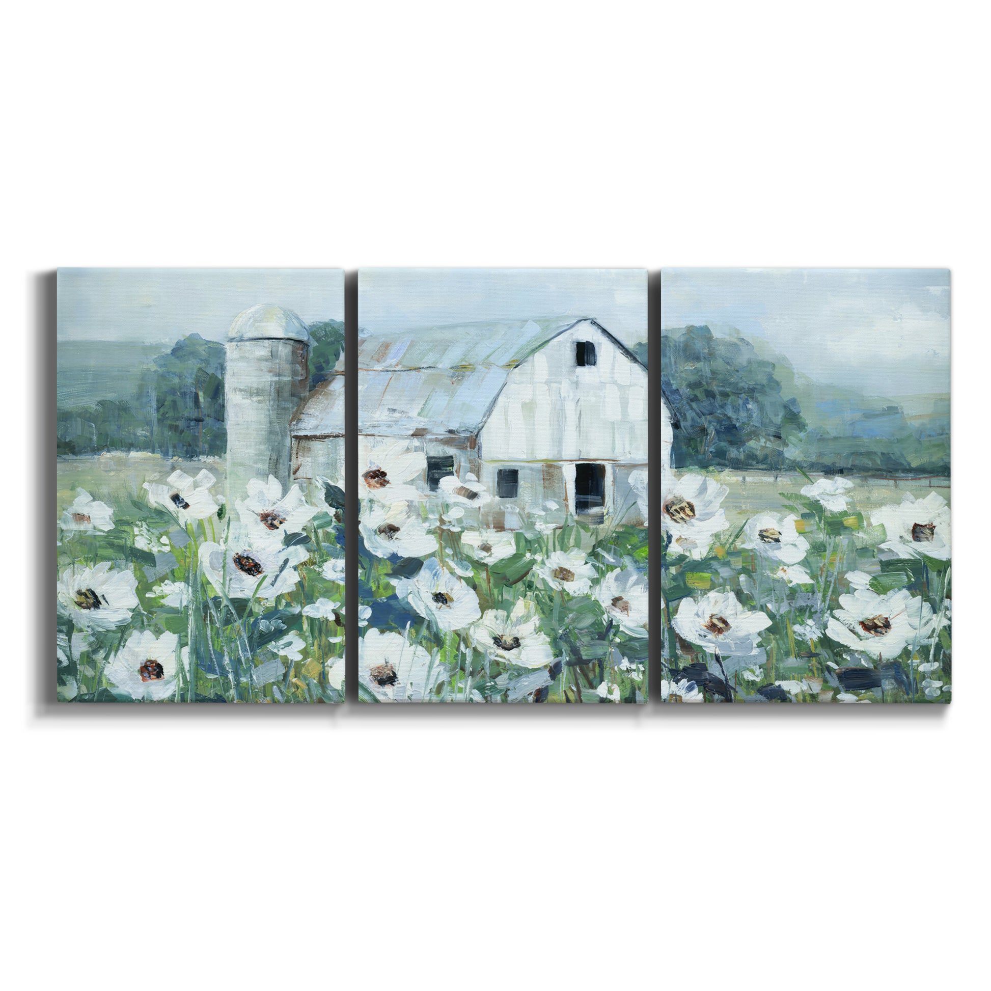 Three-panel canvas wall art featuring pastoral farmland with open fields on white background.