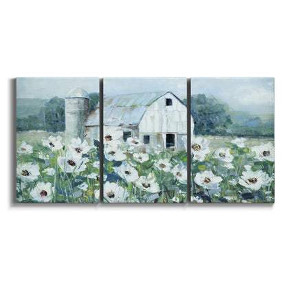 Three-panel canvas wall art featuring pastoral farmland with open fields on white background.