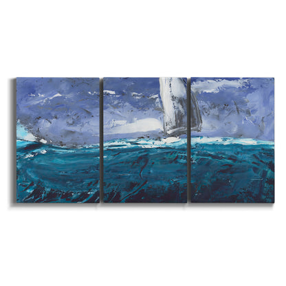 Three-panel canvas wall art featuring sailboats moving across water on white background.