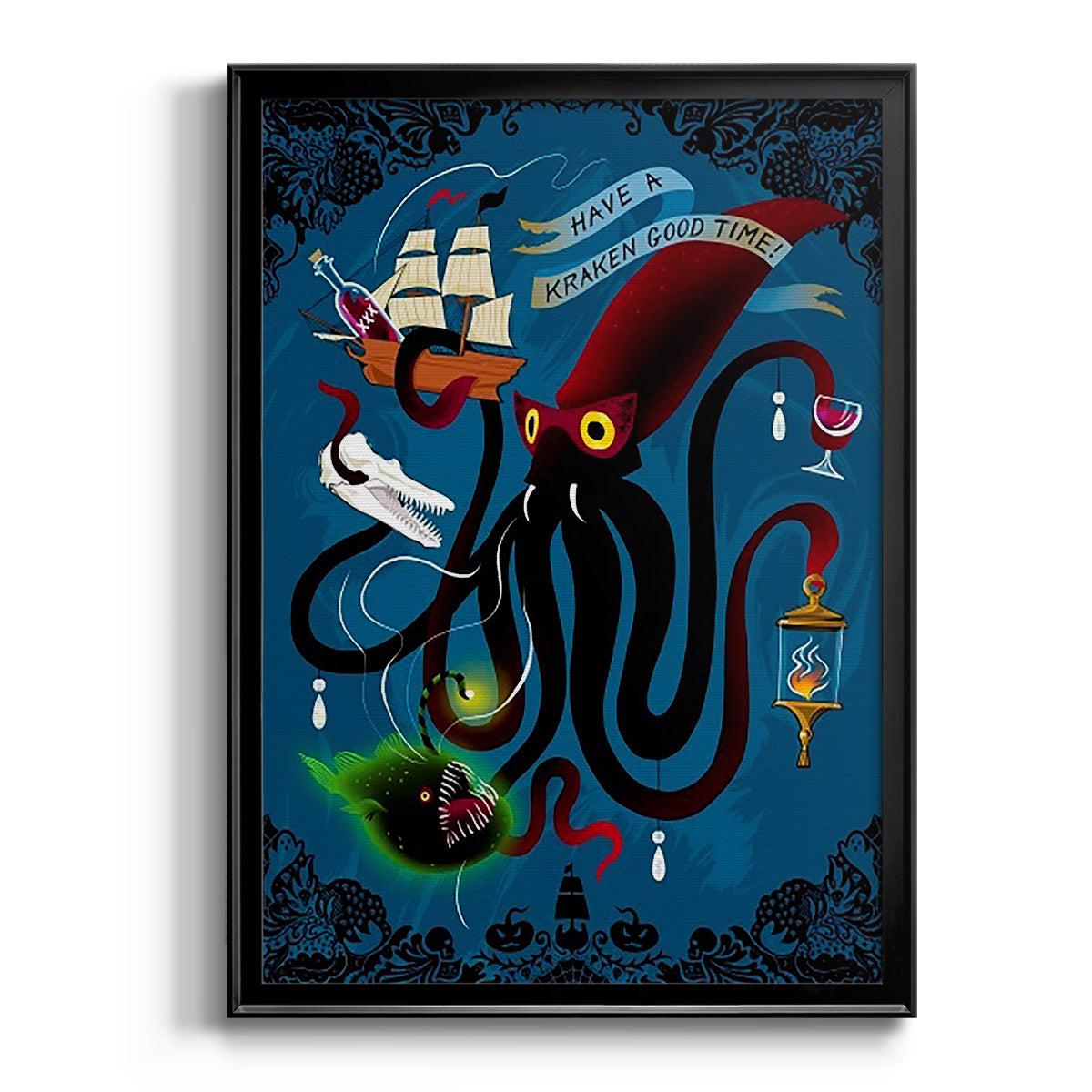 Spooky Cephalopod Chandeliers II - Modern Framed Canvas Print