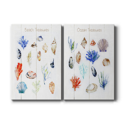 Set of two vertical canvas prints featuring coastal seashell and beach-themed artwork, displayed side by side.
