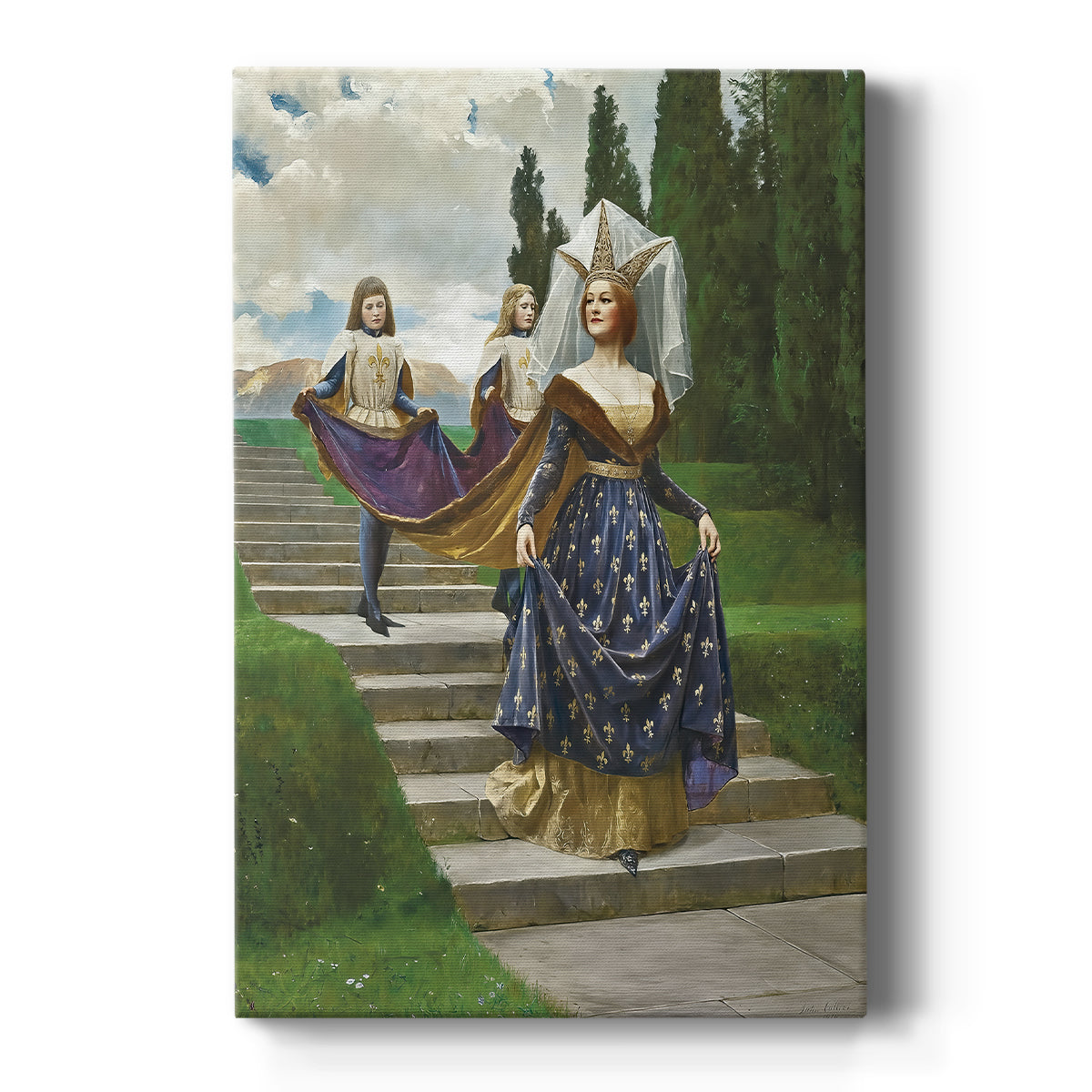 Canvas art print featuring a Victorian portrait of a noblewoman in blue fleur-de-lis gown with attendants on a clean white background.