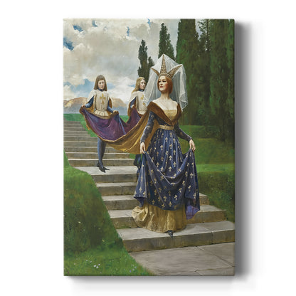 Canvas art print featuring a Victorian portrait of a noblewoman in blue fleur-de-lis gown with attendants on a clean white background.