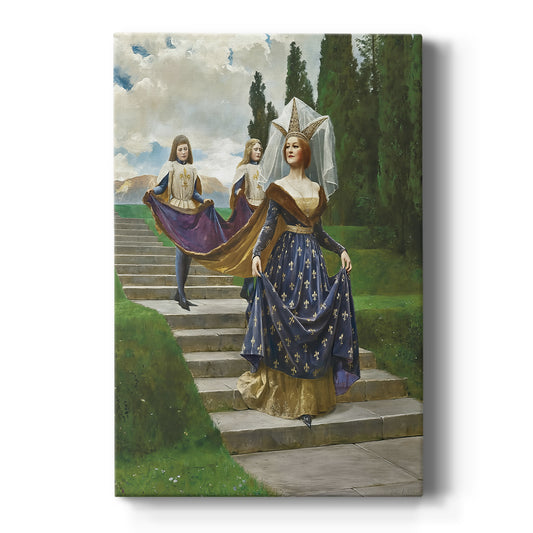 Canvas art print featuring a Victorian portrait of a noblewoman in blue fleur-de-lis gown with attendants on a clean white background.