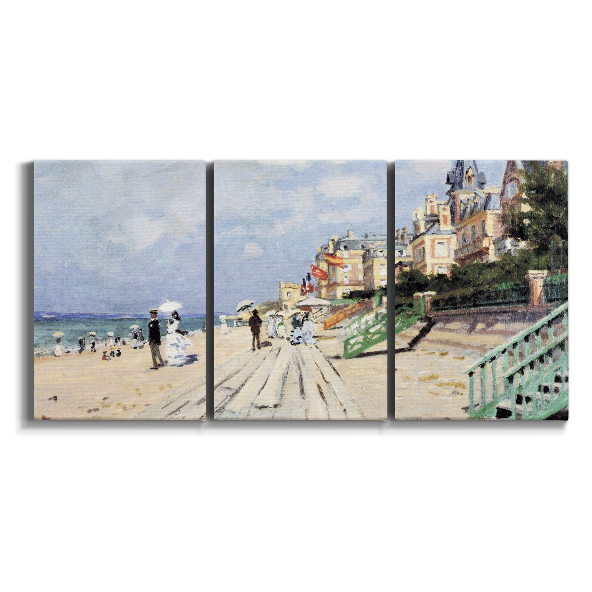 Three-panel canvas wall art featuring figures strolling along beach on white background.