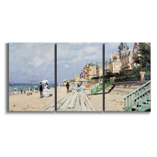 Three-panel canvas wall art featuring figures strolling along beach on white background.