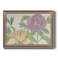 Contemporary peony flower illustration printed on canvas in an ornate traditional silver frame.