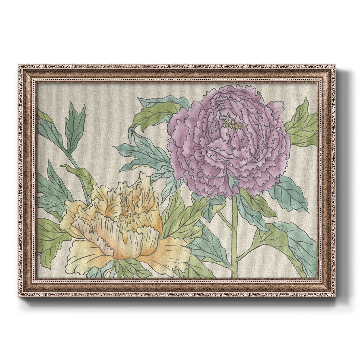 Contemporary peony flower illustration printed on canvas in an ornate traditional silver frame.