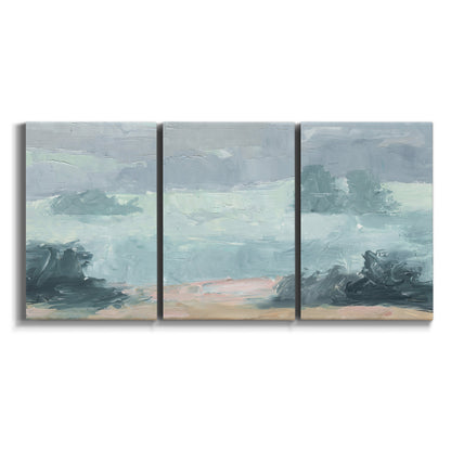 Three-panel canvas wall art featuring soft pastel valley landscape on white background.