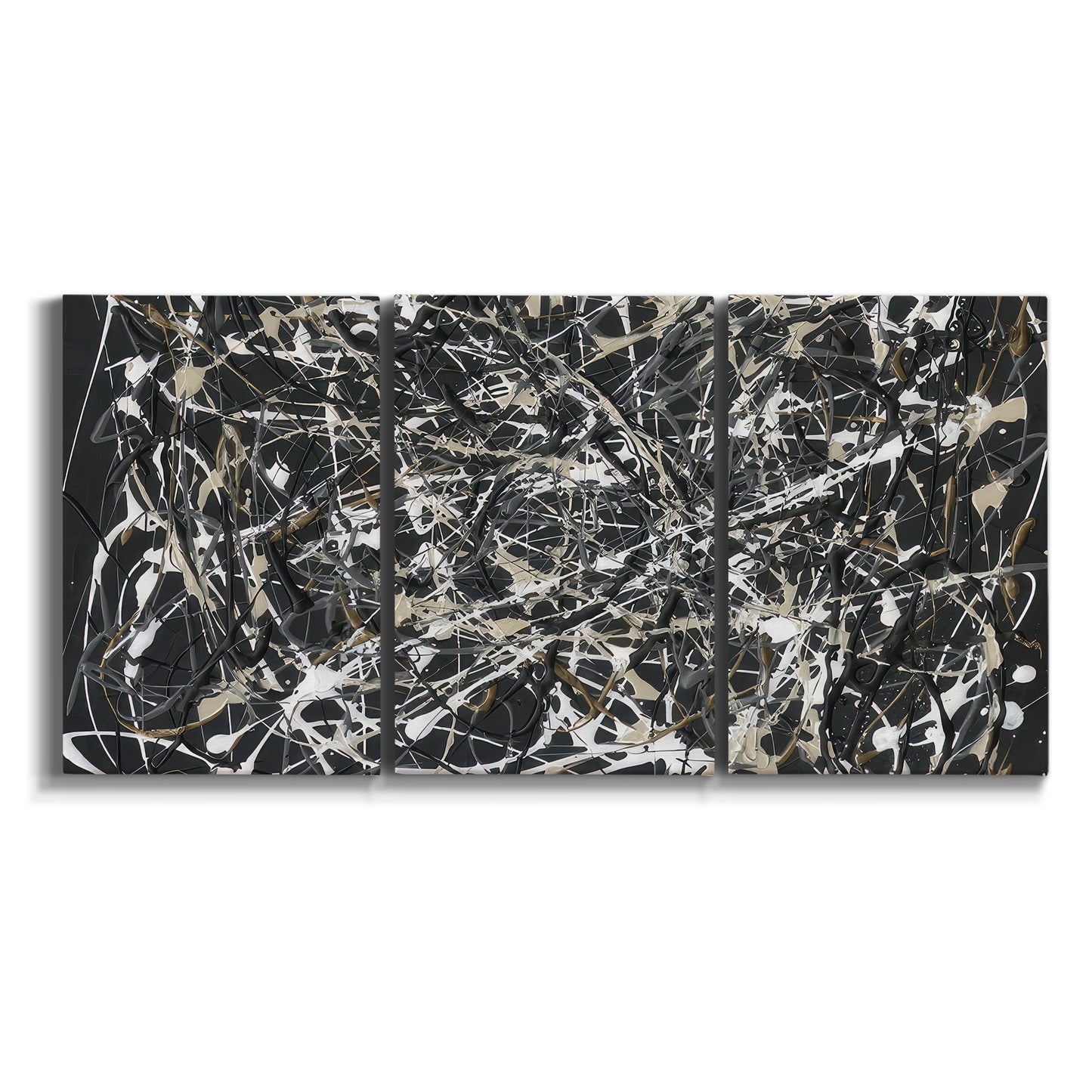 Three-panel canvas wall art featuring energetic expressionist abstract splatter on white background.
