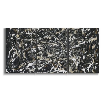 Three-panel canvas wall art featuring energetic expressionist abstract splatter on white background.