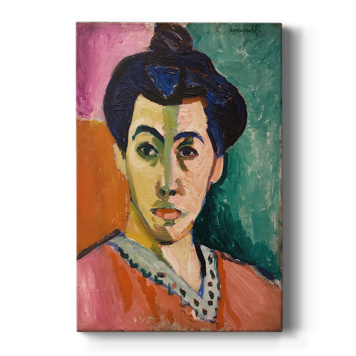Canvas art print featuring a fauvist portrait of a woman with a bold green stripe across her face on a clean white background.