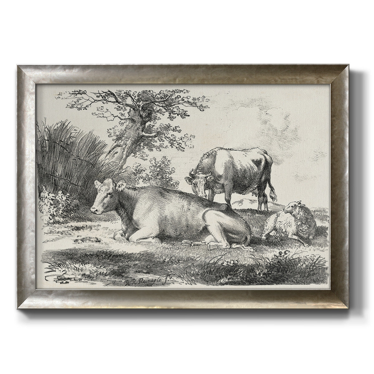 Classical pastoral landscape artwork by Nicolas Berchem printed on canvas in an ornate mottled silver frame.