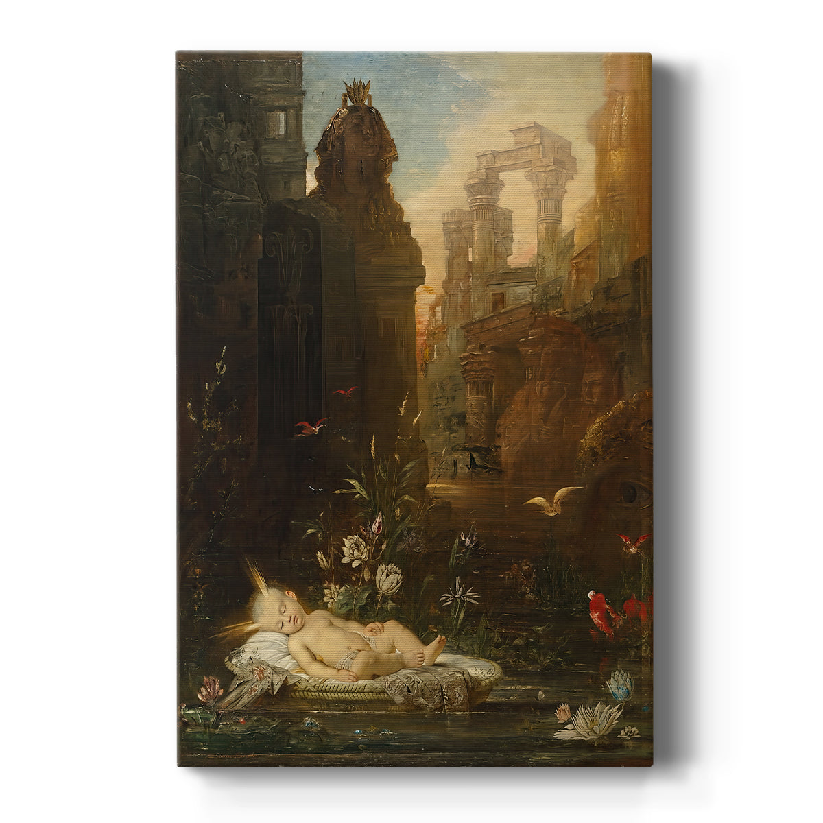 Canvas art print featuring a symbolic scene of a child among figures in a softly lit setting on a clean white background.