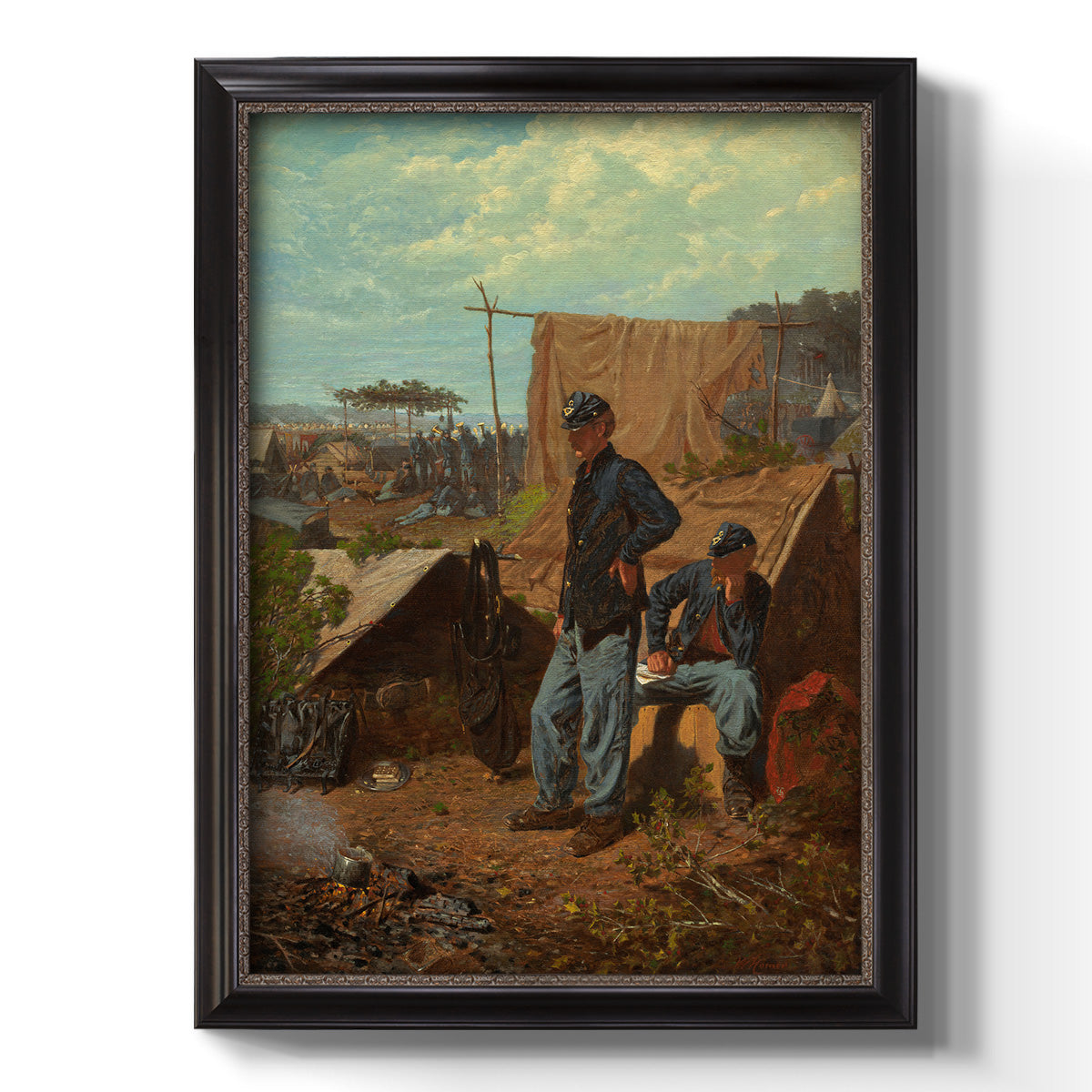 American genre scene of domestic life by Winslow Homer printed on canvas in an ornate black frame with gilded inner detail with a vertical orientation.