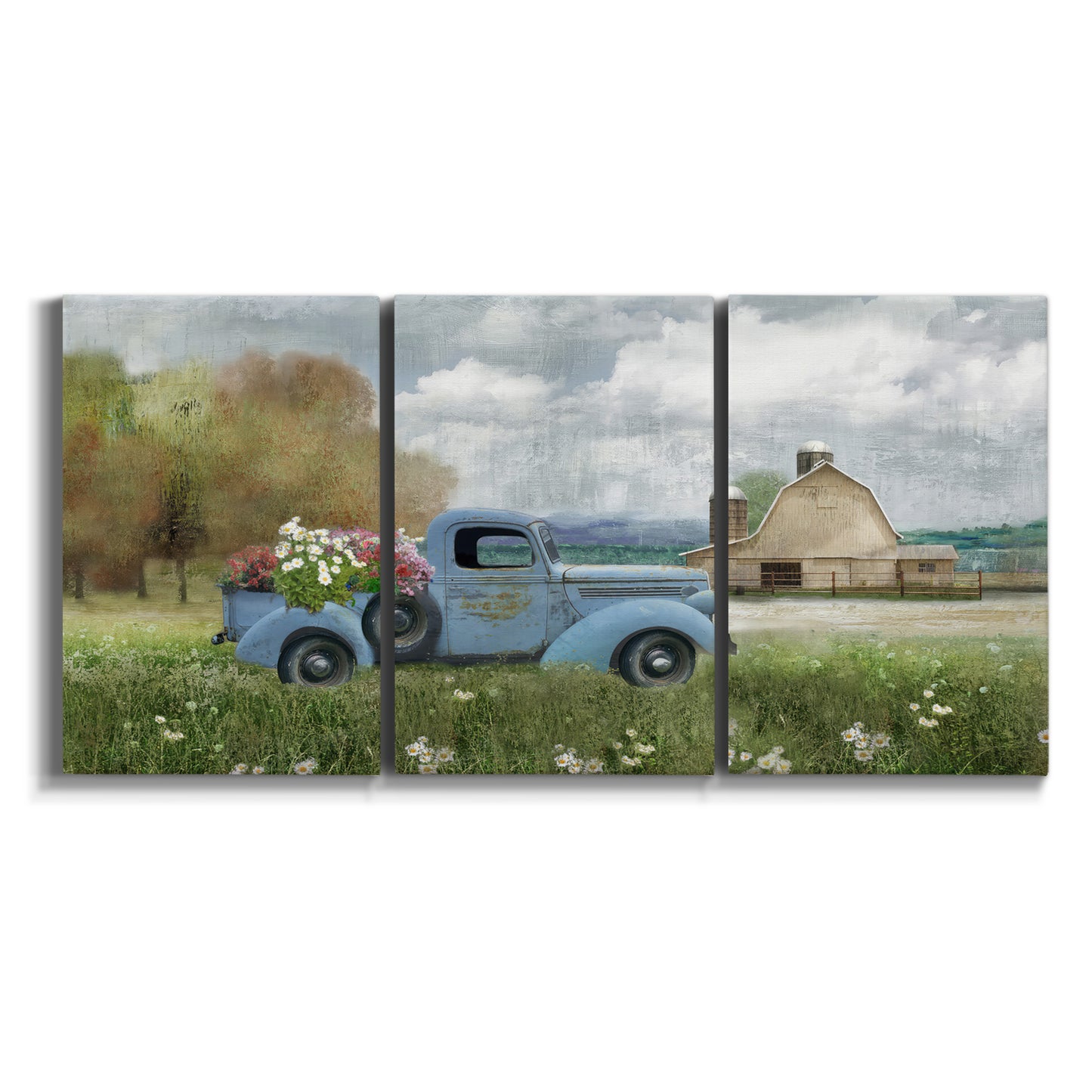 Three-panel canvas wall art featuring vintage blue truck with flower load on white background.