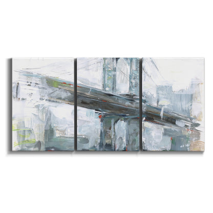 Three-panel canvas wall art featuring urban cityscape with architectural forms on white background.