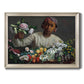 Traditional portrait of a woman holding peonies by Frédéric Bazille printed on canvas in an ornate champagne frame.