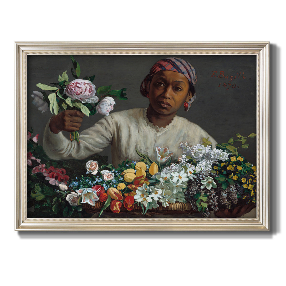 Traditional portrait of a woman holding peonies by Frédéric Bazille printed on canvas in an ornate champagne frame.