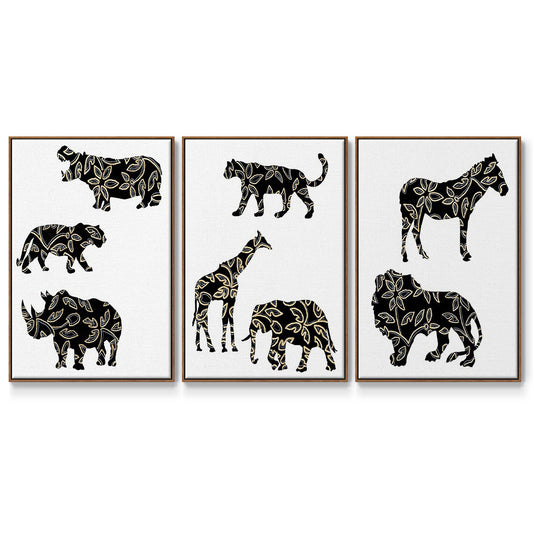 Ornamental Safari Animals I - Framed Premium Gallery Wrapped Canvas L Frame 3 Piece Set - Ready to Hang