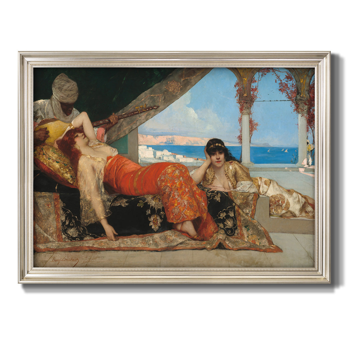 Orientalist portrait scene by Jean-Joseph Benjamin-Constant printed on canvas in an ornate champagne frame.